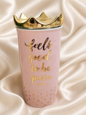 Hallmark Pink Ceramic Tumbler Travel Mug Feels Good To Be Queen Gold Tone Crown